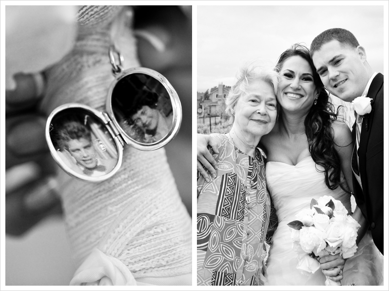 bride and groom pose with grandmother and detail of locket heirloom