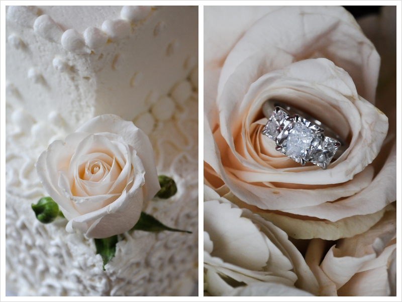 Detail photographs of wedding cake and engagement ring in Livermore wedding