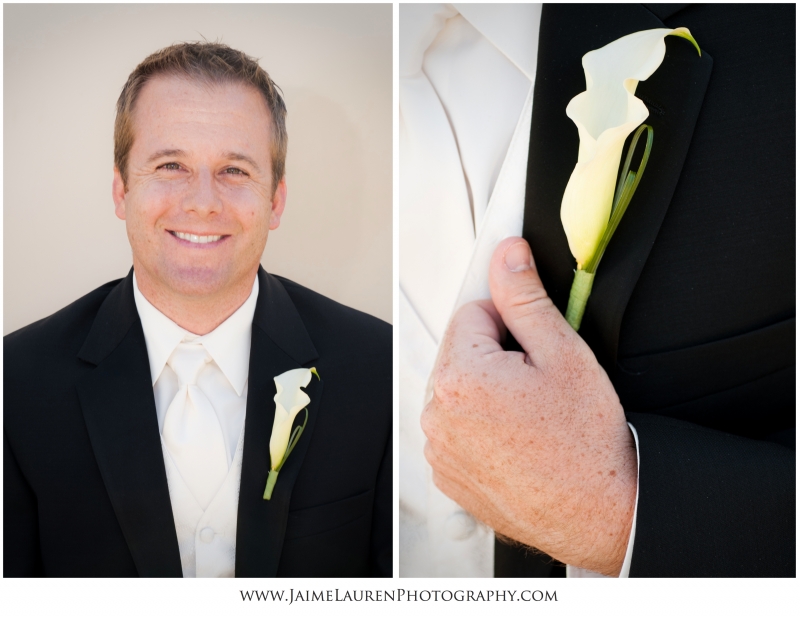 groom at casa real photographed with calla lily boutonniere