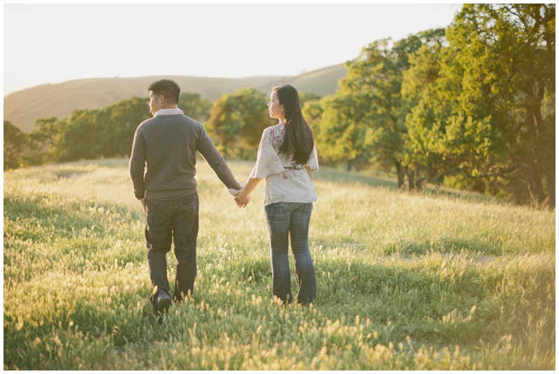 Couple holding hands at sunset in Northern California